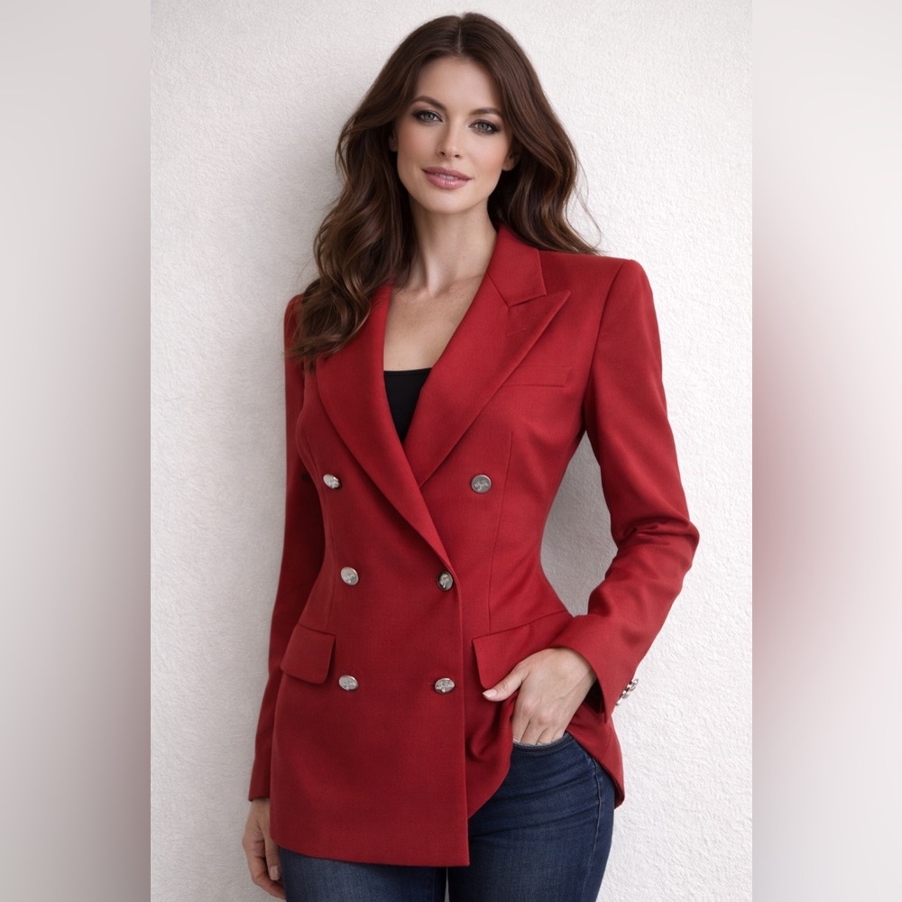 Burberry Red Wool Double-Breasted Blazer Silver Crest Buttons